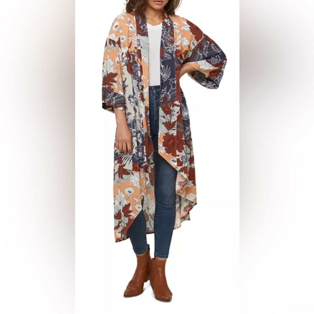 O’Neill Floral Kimono Duster Boho Open Front Long Cardigan Small Festival Layer